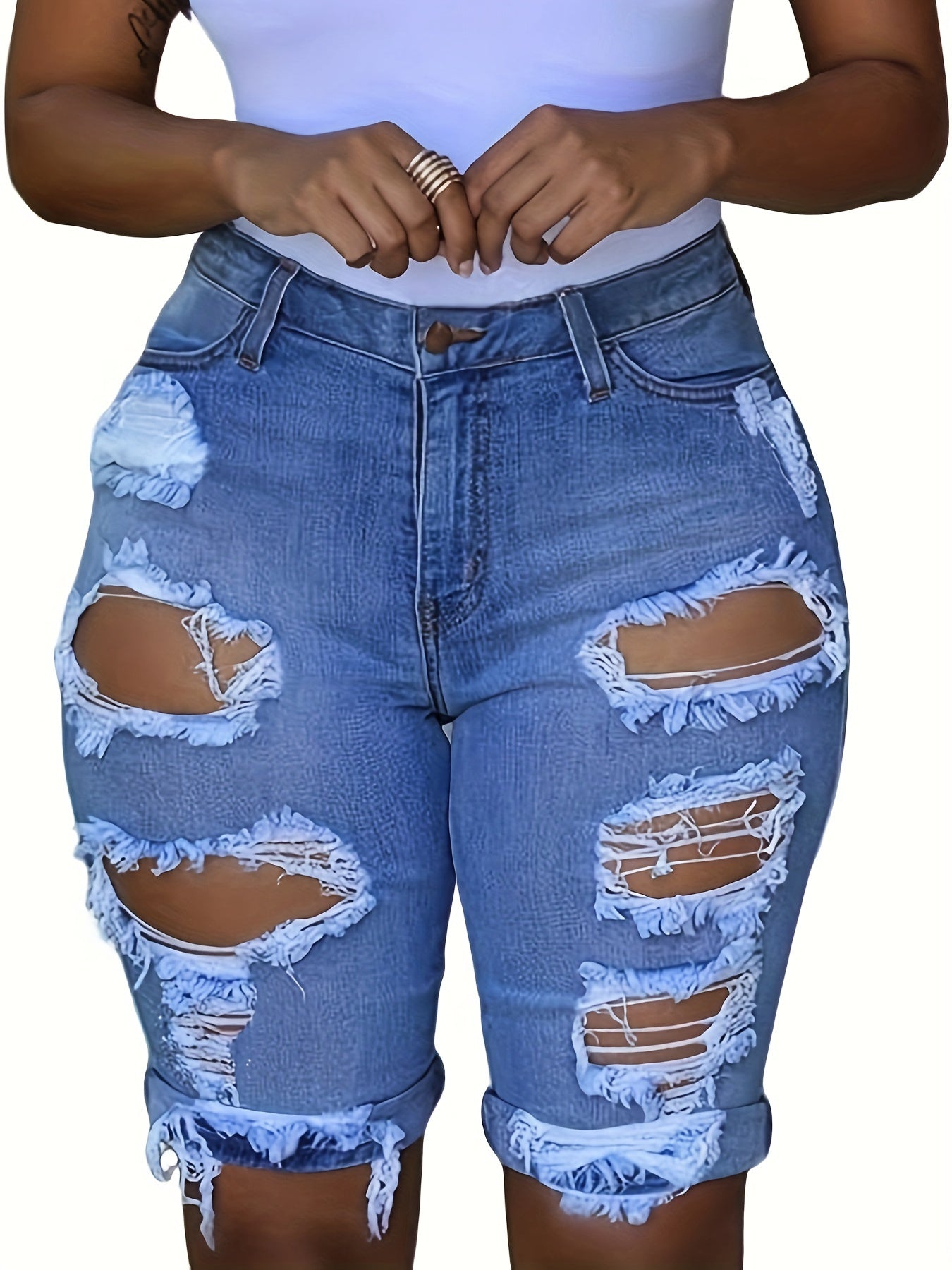 Ripped Cuffed Hem Bermuda Denim Shorts, Distressed Washed Blue Denim Shorts, Women's Denim Jeans & Clothing